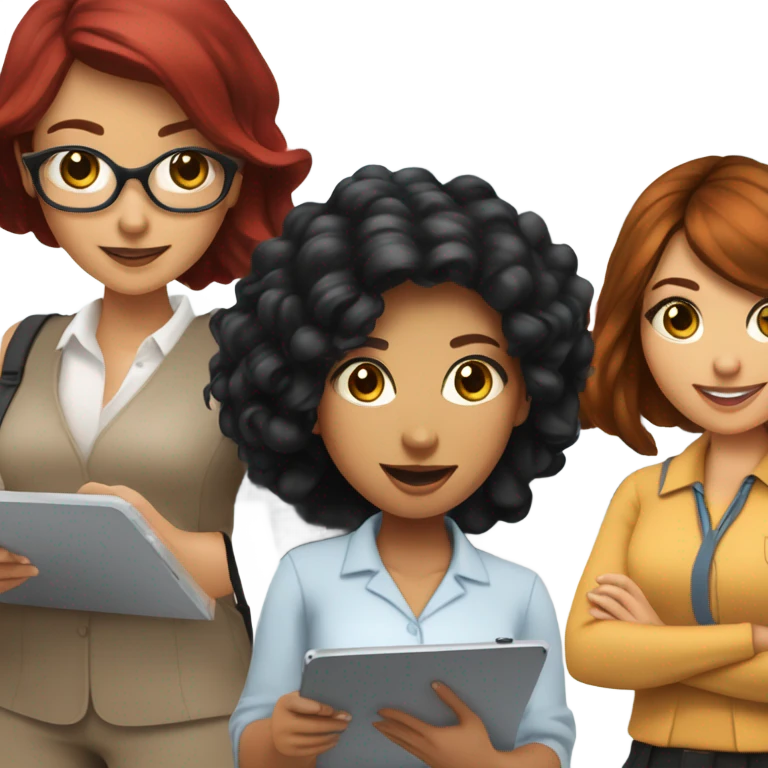 Latina with jet black hair, brunette girl, and a girl with bright red hair all conducting surveys on clipboards and ipads emoji