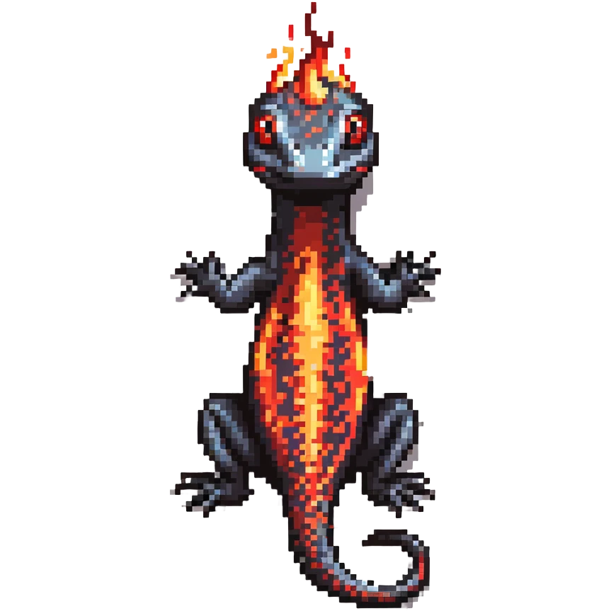 Black salamander with bright red flame-like patterns on its scales, fiery design emoji