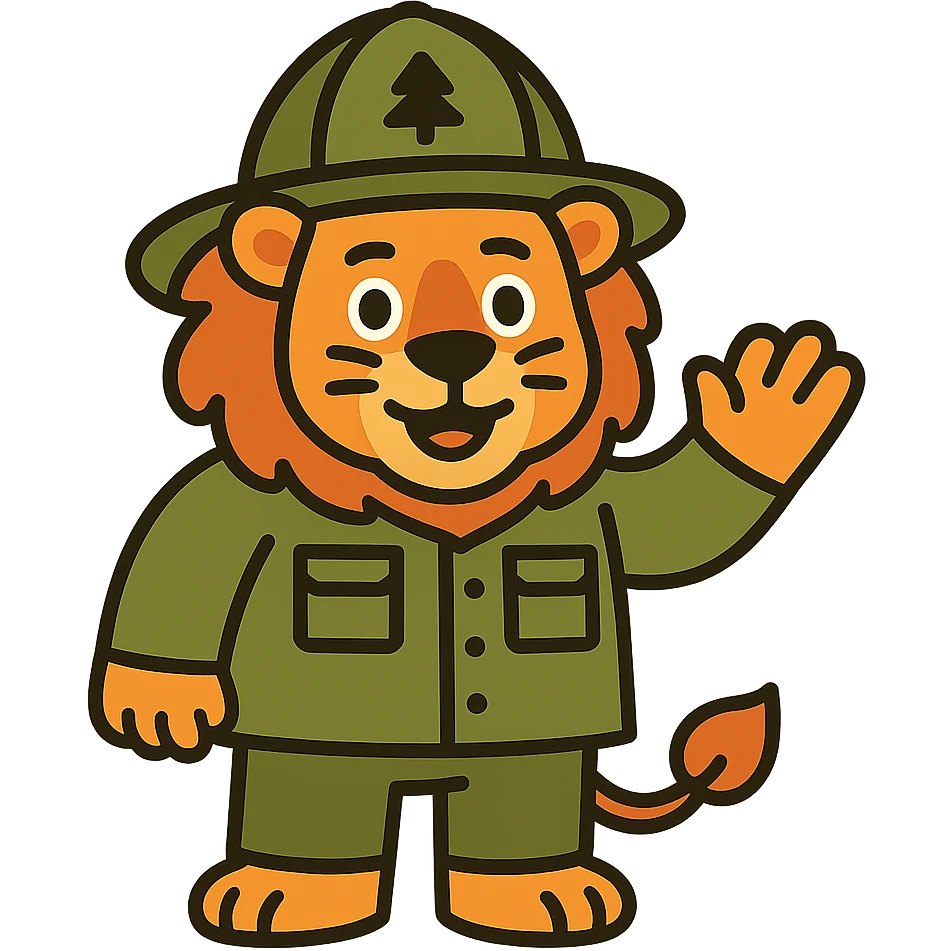 Change the fireman uniform to a forest firefighter outfit, keep the lion friendly, no background. emoji