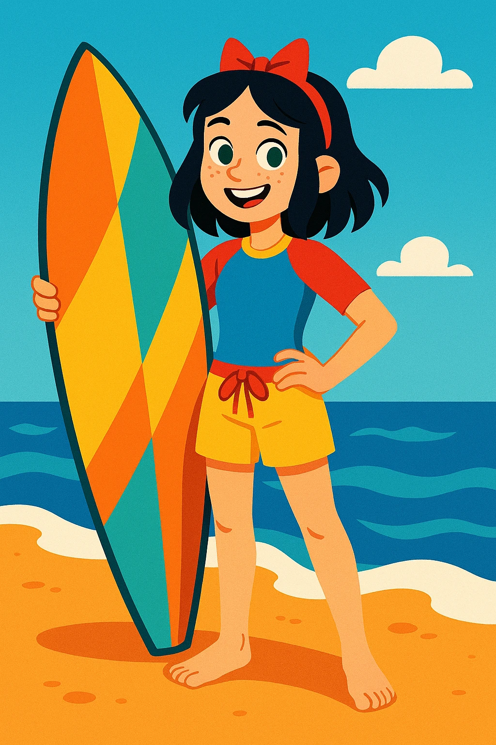 14-year-old girl resembling Snow White, hair slightly below shoulders, small green eyes, some freckles, surfer, medium height, colorful cartoon style emoji