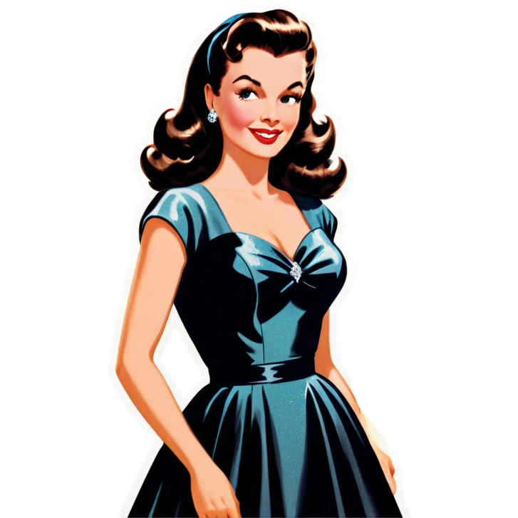 Beautiful woman in 1950’s woman fashion look, black shimmery dress, long dark brown hair, whisky with ice emoji