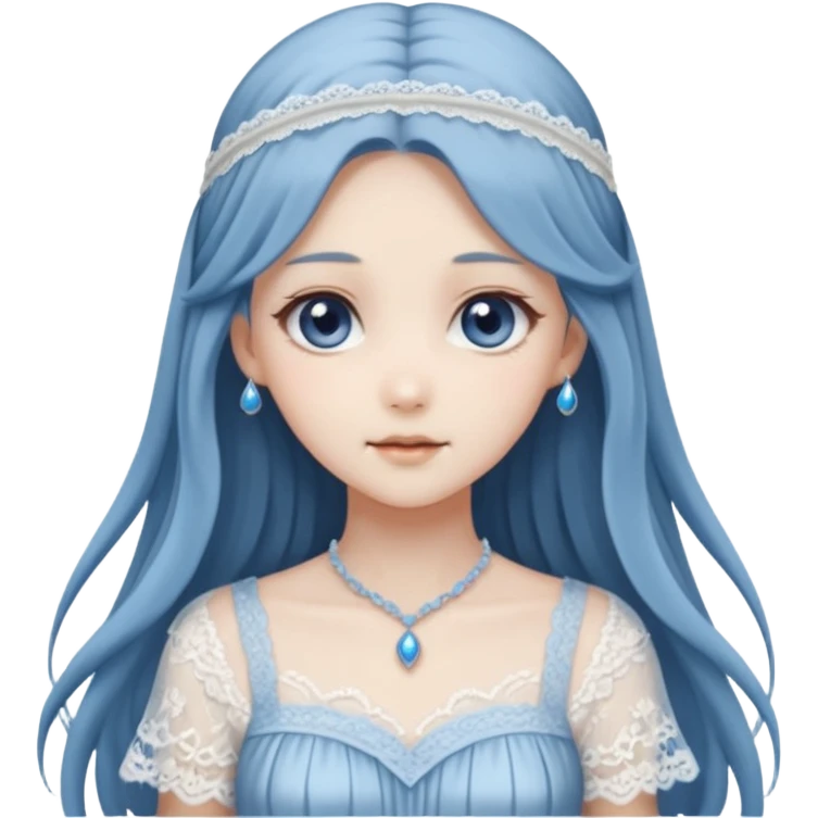 Beautiful shiny pastel transparent translucent Gorgeous spectral dark greyish-blue whitish gloomy spectral Anime Poltergeist Lady with long hair with a beautiful white silky lace dress with a silky lace head band  emoji