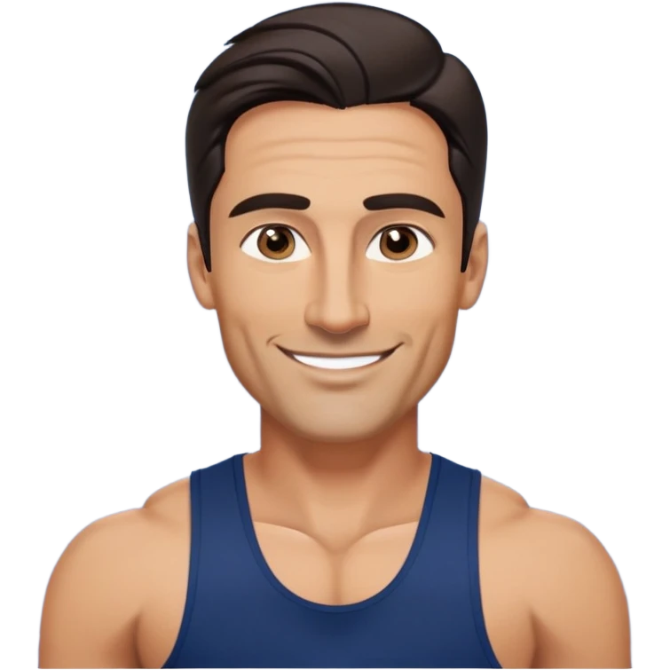 Fit 40-year-old man with tanned skin, long face, chiseled jawline. Attractive features with dark eyes, well-defined arched eyebrows, straight nose. Confident smile. Medium-length wavy dark hair styled in contemporary fashion. Wearing a dark blue tank top. emoji