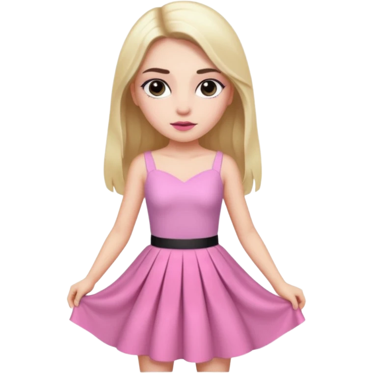 A photo of a white-skinned girl with black eyes and eyebrows and long bare hair, a beautiful pink skirt dress that has a lot of glamour and looks almost like a prince emoji
