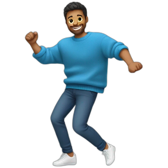 blue sweater with smiling guy full body enjoy slasa dance  emoji