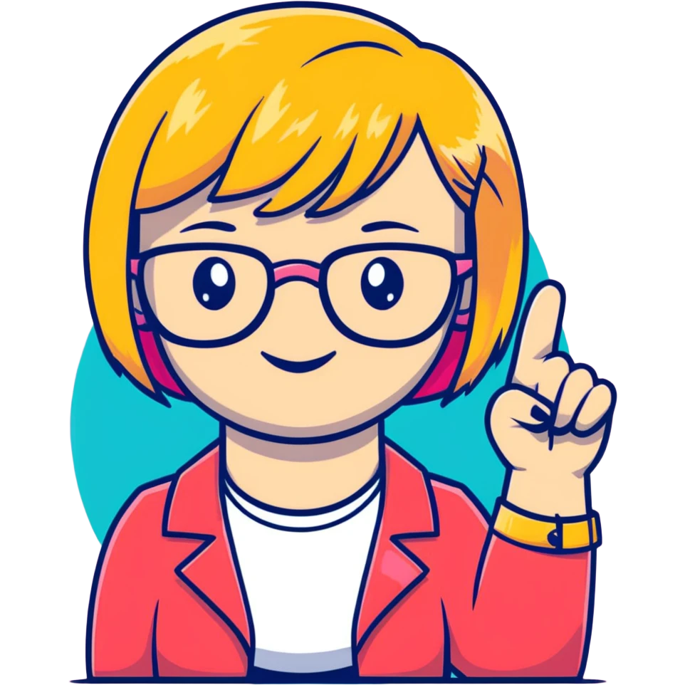 cute cartoon female psychologist with short blonde bob and red-rimmed glasses, raising thumb, wearing bracelet with female symbol, pink red yellow palette emoji