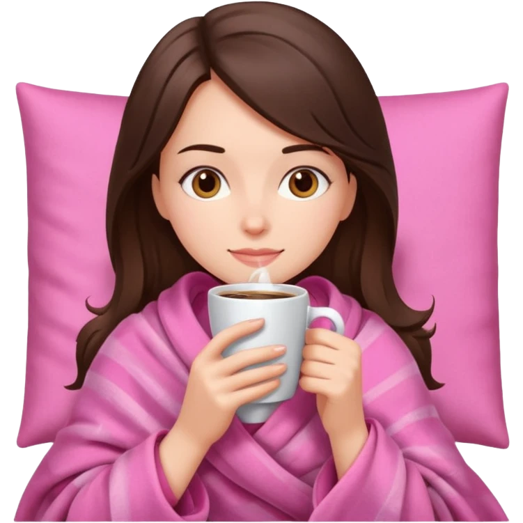 Brunette girl in pink blanket drinking coffee emoji