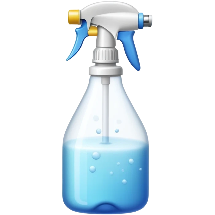 An emoji of a spray bottle actively spraying mist. A fine mist of tiny particles is visible in the air as the nozzle releases the spray. Can resemble a perfume, cologne, or cleaning product. Transparent bottle with a trigger or press nozzle, slightly tilted while spraying emoji