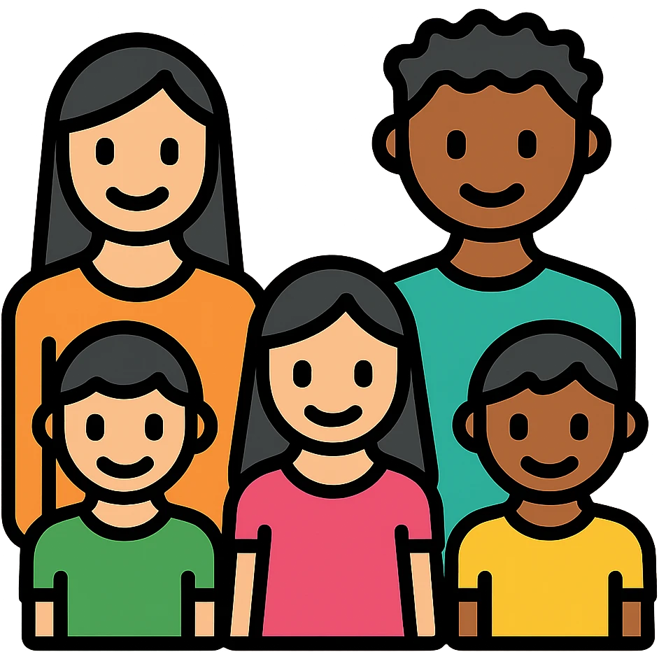 In the group color outline image, make the girl look younger (age 6), clearly the youngest child. Keep the rest of the family as is. Color outline style. emoji
