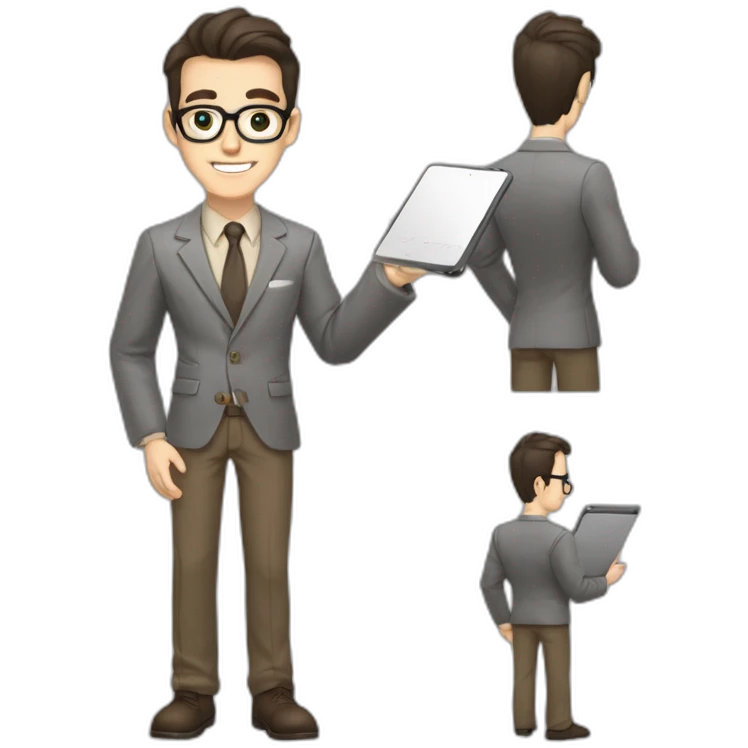 Pale skinned fit man with dark brown hair in gray jacket, beige office shirt, brown tie, brown pants and vintage glasses Writing on the tablet emoji