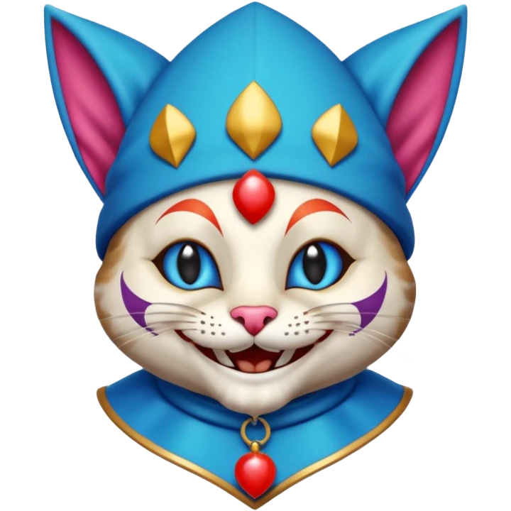 crazy colorful cute little cat jolly joker from poker, medieval, vintage, court jester, mac os icon, blue color emoji