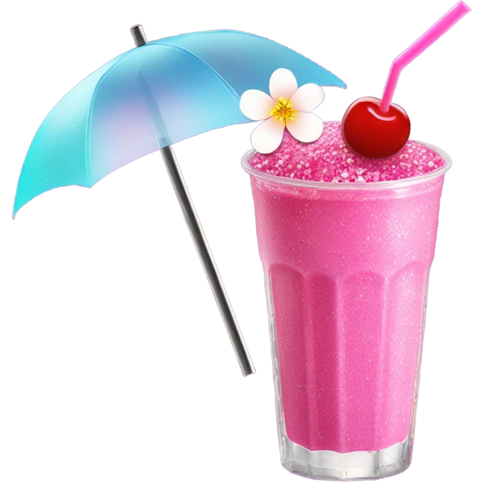 Hot pink smoothie with glitter, cherry blossom, and straw with umbrella  emoji