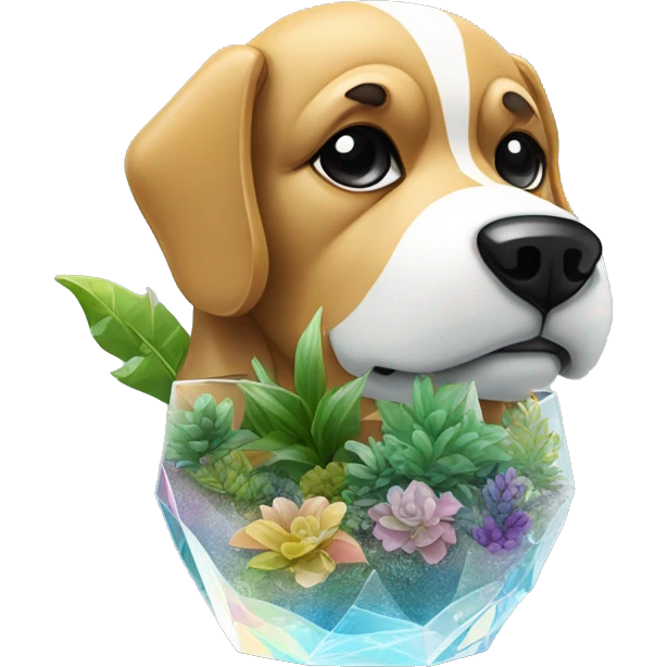 A dog made of glass mirror crystals prisms glass transparent filled with plants as a terrarium with graffiti doodles emoji