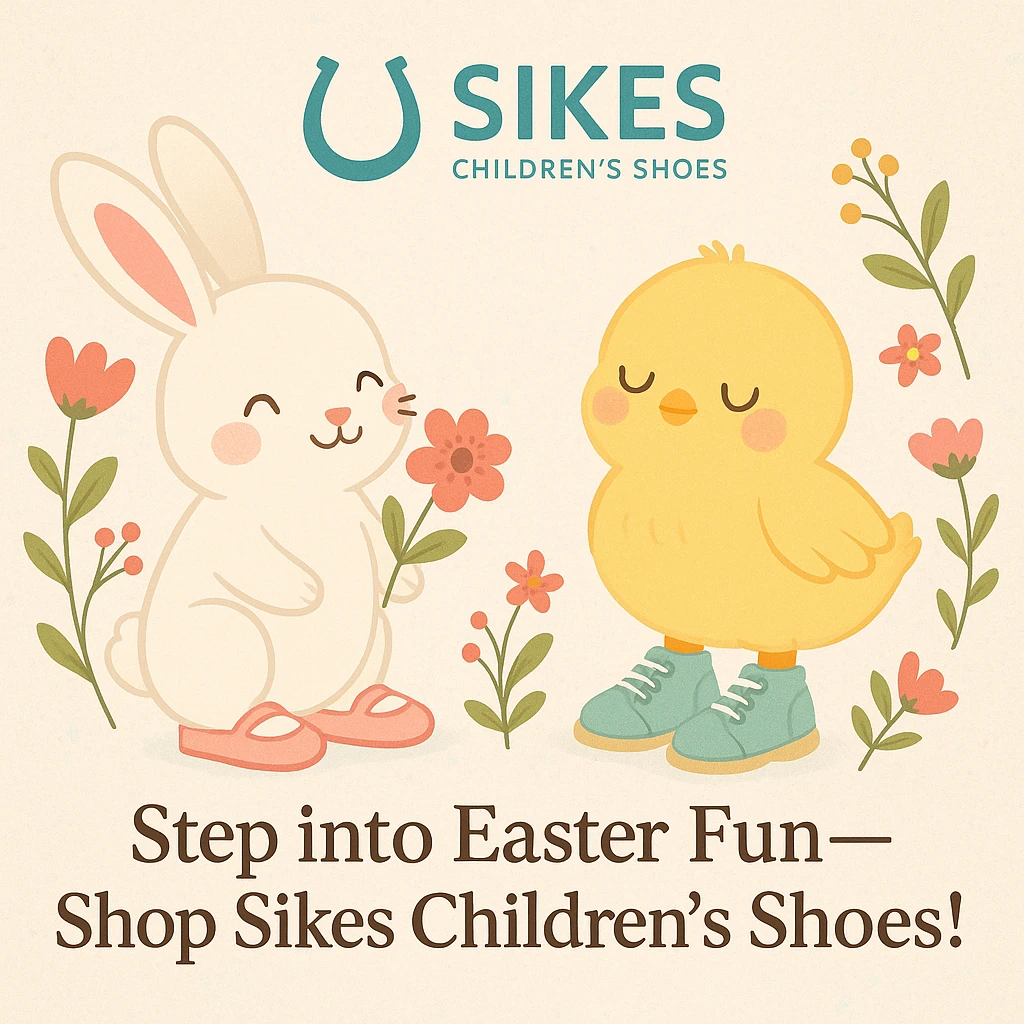 Easter-themed Instagram post for Sikes Children's Shoes with pastel background, logo at top, bunny and chick with shoes, floral accents, headline: 'Step into Easter Fun—Shop Sikes Children’s Shoes!'. Include uploaded logo. emoji