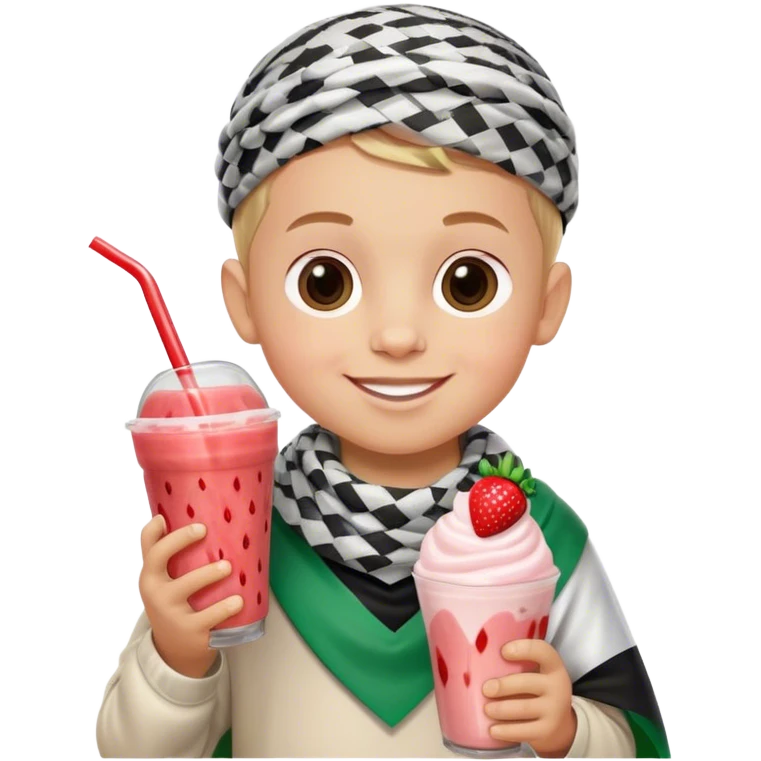3-year-old boy wearing Palestinian flag-coloured clothes and a traditional Palestinian keffiyeh, smiling, holding a strawberry milk shake emoji