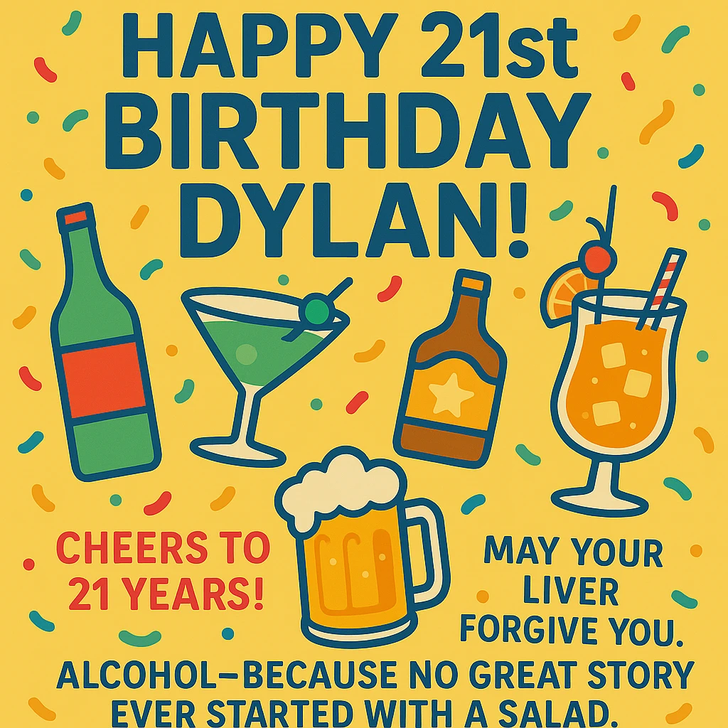 Add the funny drink quote: 'Alcohol—because no great story ever started with a salad.' Keep all original graphics and style. emoji