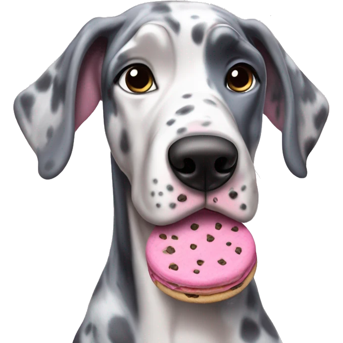 Blue Merle Great Dane eating pink cookies emoji