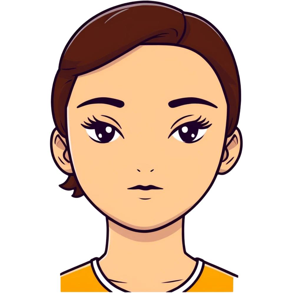 girl with brown hair and thick eyebrows, cartoon sticker emoji