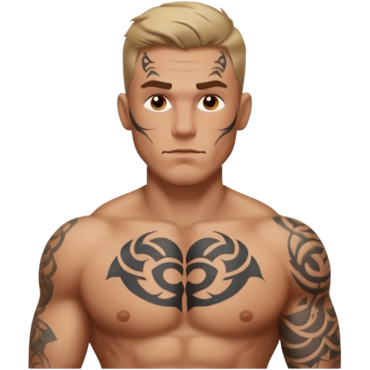 tattoo man, white skintone,tattoos on face, more visible, bulky man with tattos on his chest. emoji