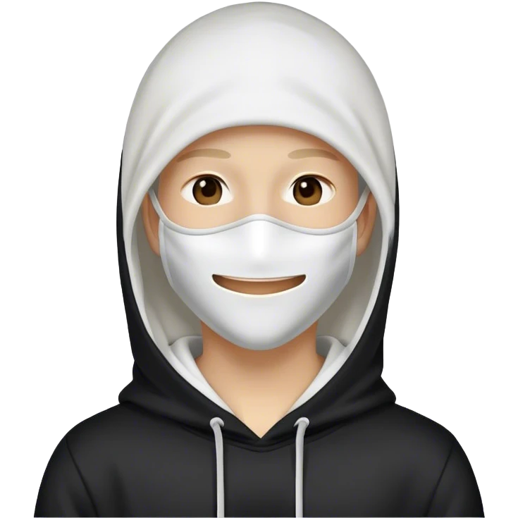 A serial killer wearing a white mask that fully covers their face and a black hoodie and smiling emoji