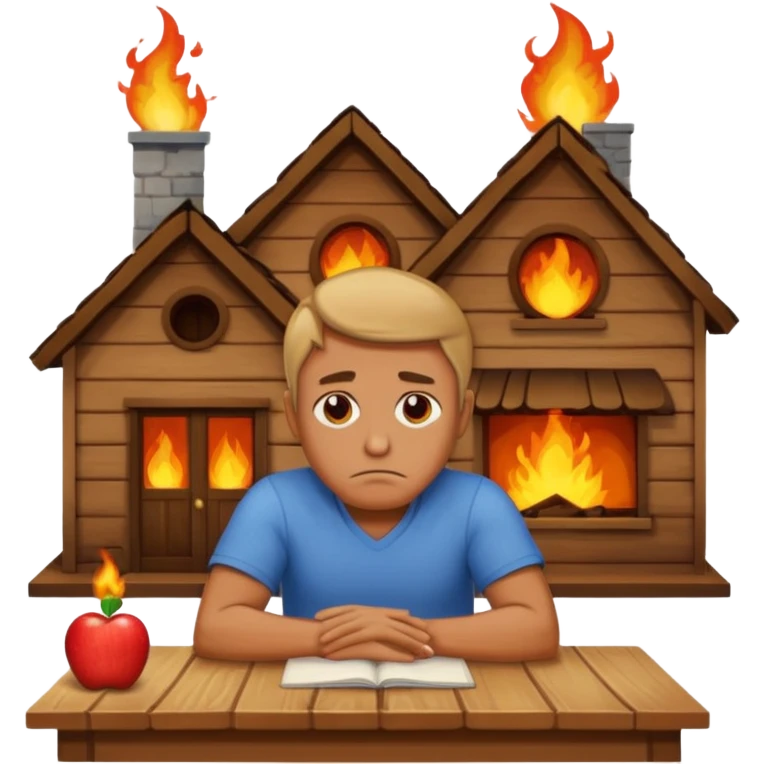 a man sits sadly at a table, with a burning house behind him, apple style emoji emoji
