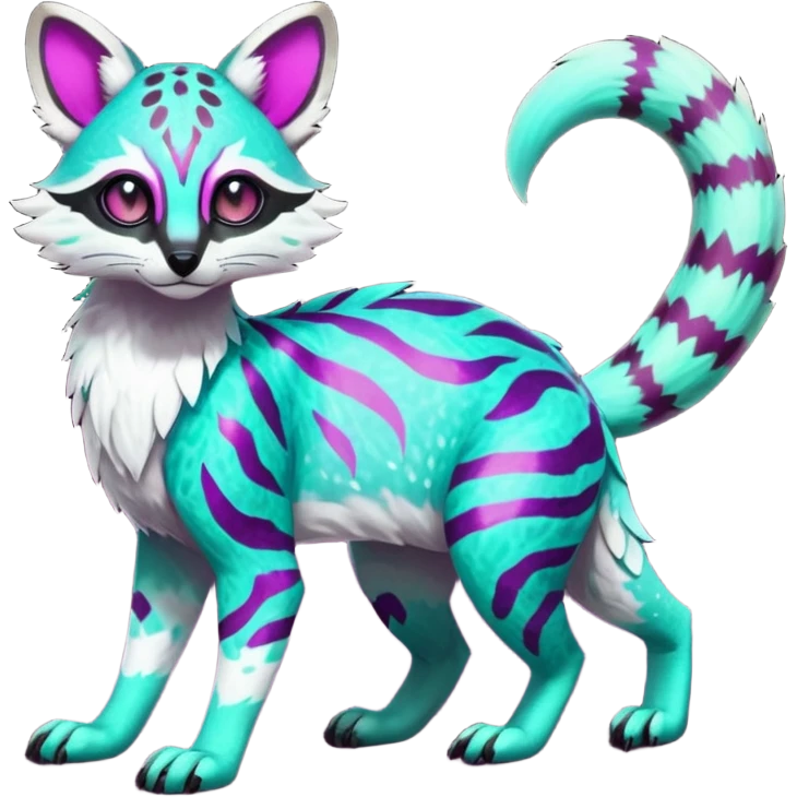 Rare realistic neon-colored iridescent shiny warm-colored lush tropical exotic cute epic pretty beautiful handsome gorgeous aesthetic colorful vibrant Vernid-Protogen-Primagen-Wickerbeast-Genet-Trico-species-Fakemon-hybrid-creature by LiLaiRa, beautiful intricate markings, full body emoji
