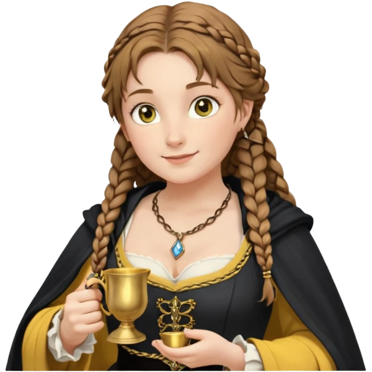 Helga Hufflepuff, light blue eyes, brown-haired, two braids, yellow-black medieval dress, black cloak decorated with gold braiding, tiny gold cup with two handles, very kind smile, half-turned in profile, curvy busty sweet woman, macromastia, thick round rosy cheeks, full length with medieval shoes emoji