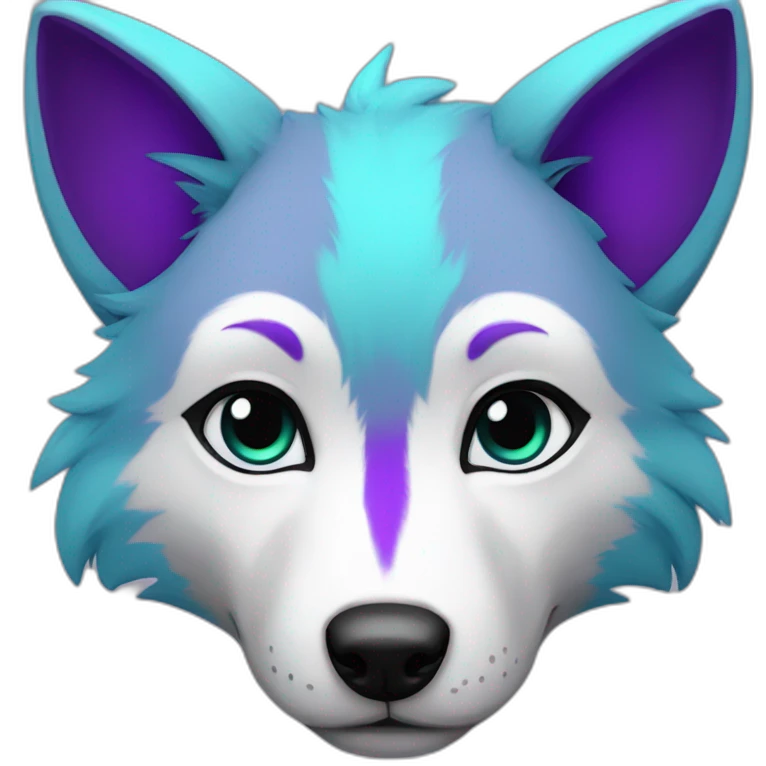 Cyan anthro wolf face with purple markings on cheeks and ears emoji