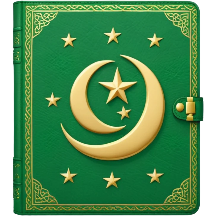 Closed Quran with the Islamic Symbol on it (moon and star) green from left to right emoji