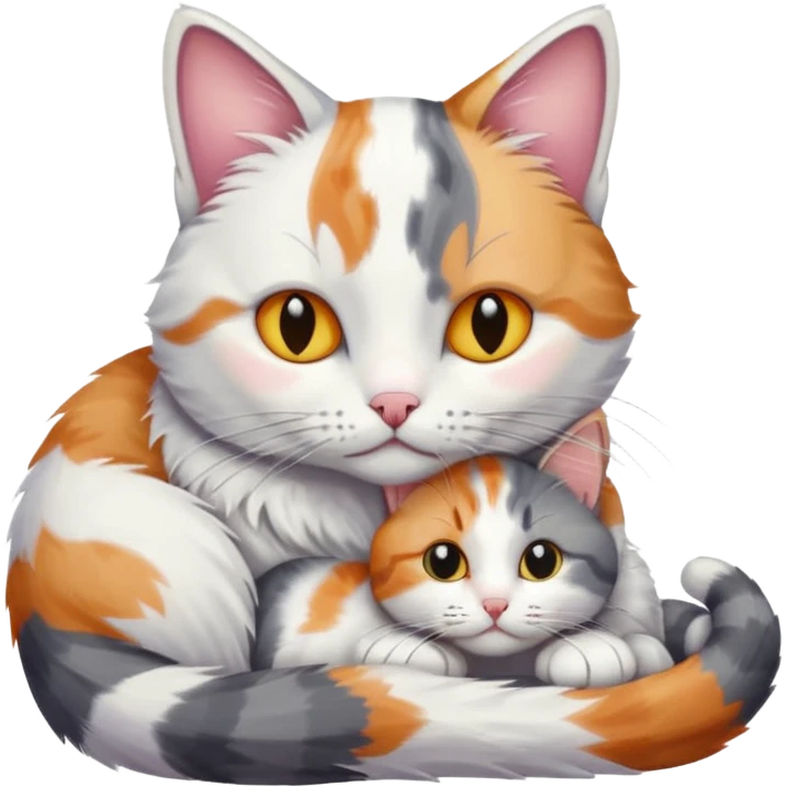 grey and white cat cuddling a colourful light patched calico + white tabby cat emoji