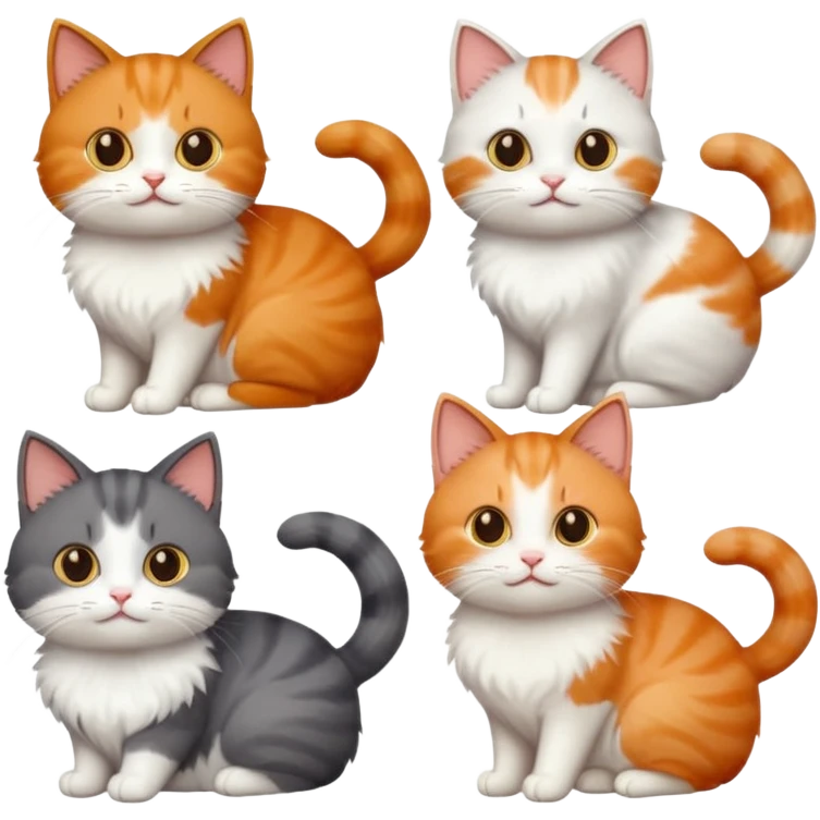 4 different coloured short haired cats including; a dark brown t and white cat, and a dark grey and white  emoji