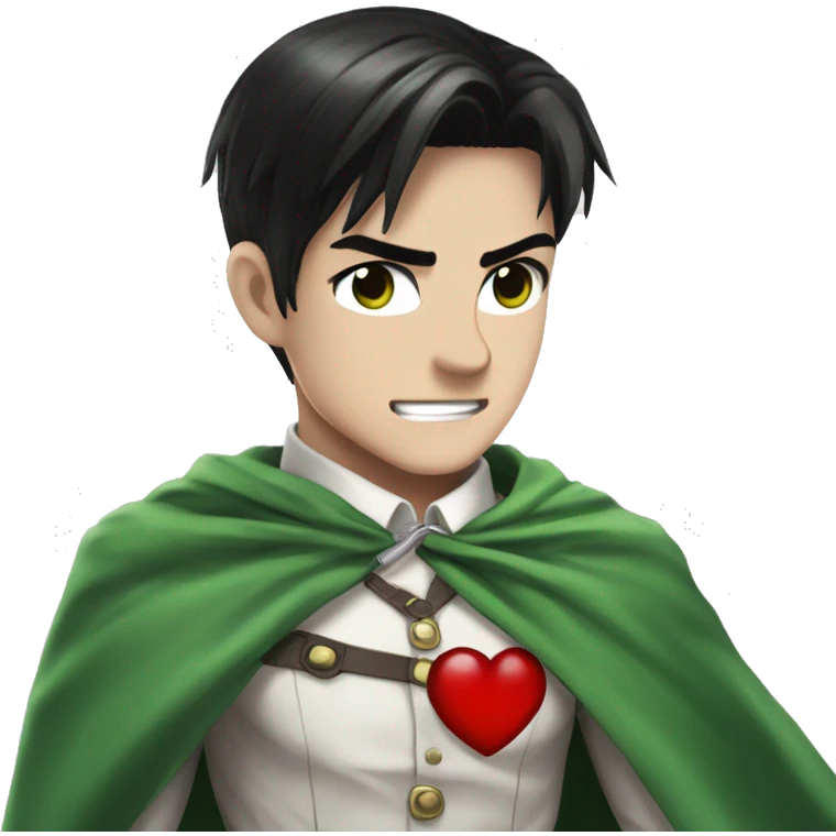 captain levi attack on titans emo black hair holding a cute heart wearing a white button down shirt and a green cape emoji