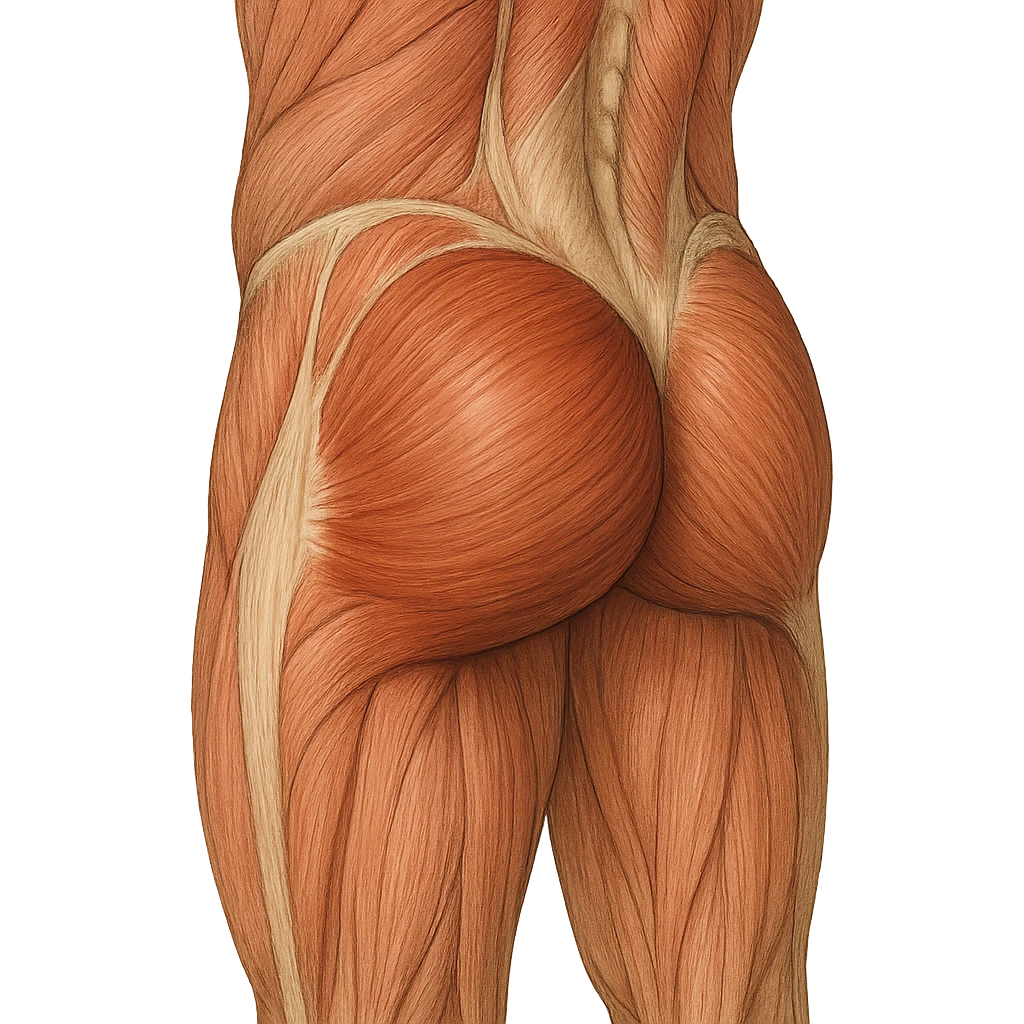 realistic and educational illustration of the gluteus maximus muscle with surrounding muscles highlighted, anatomical details, neutral background, no explicit references to sensitive parts emoji