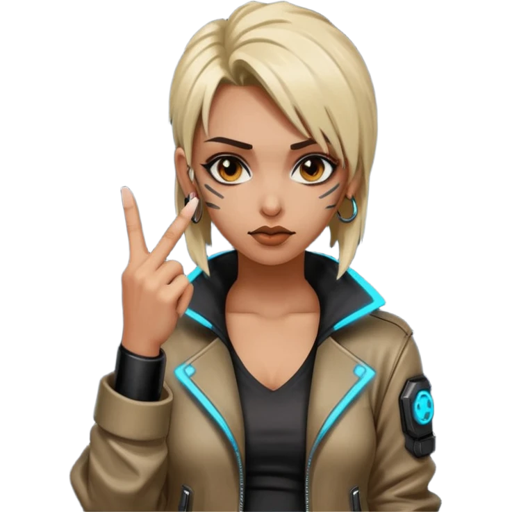 Woman with her tongue out in cyberpunk clothing and giving the middle finger. Looking naughty. emoji
