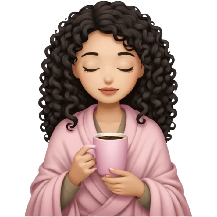 woman with medium sand tone, black long 3b curls, closed eyes, feminine face, holding soft pink coffee cup with beige blanket over shoulders emoji
