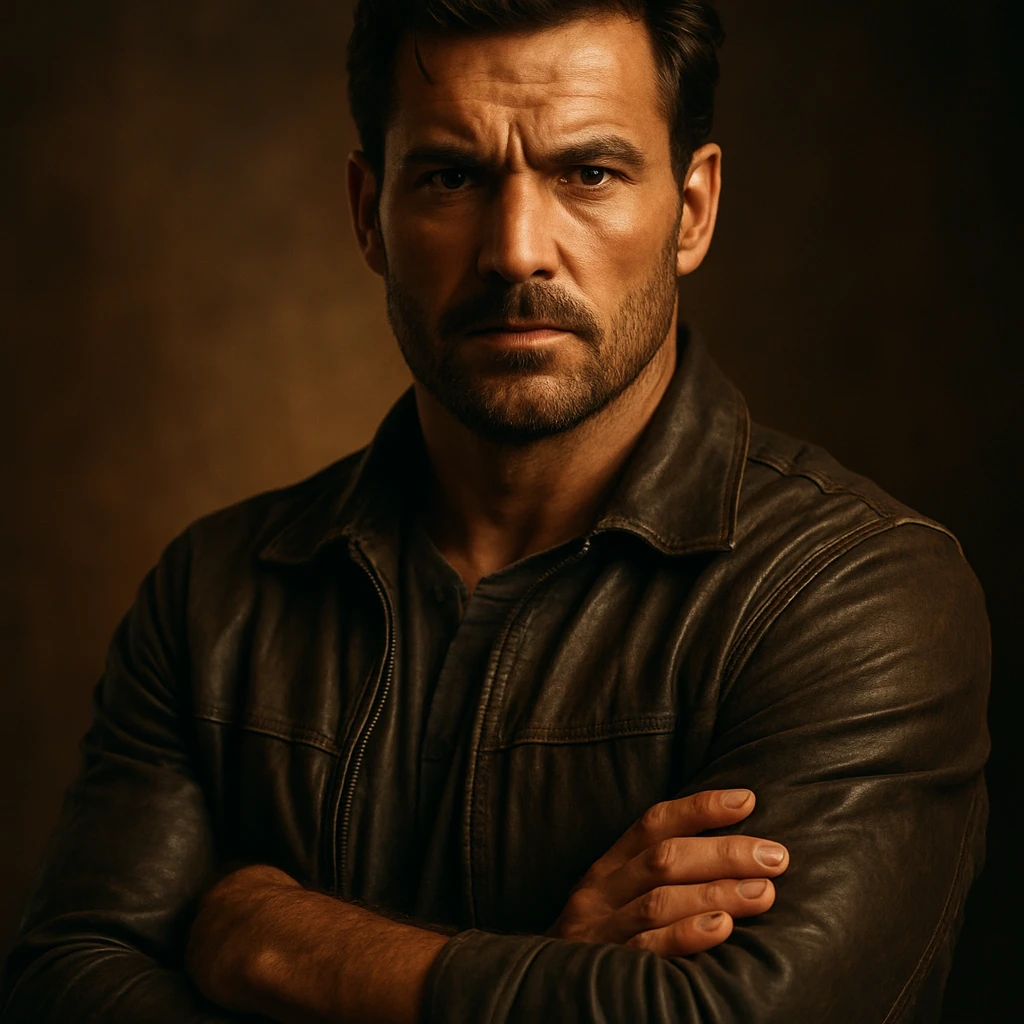 cinematic 4K portrait of a man with strong masculine energy, protective stance, confident posture, warm dramatic lighting, hyper realistic details emoji