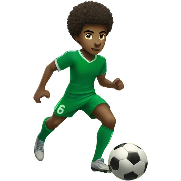 Muscular Afro teenage boy  in green soccer uniform number 5  kicking a soccer ball emoji