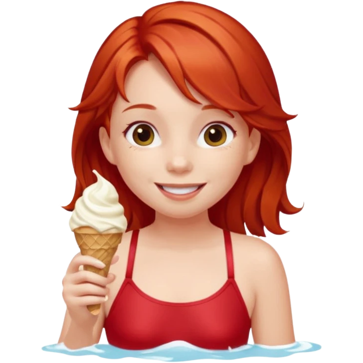girl kid red haired swimsuit, eating ice cream, sun emoji