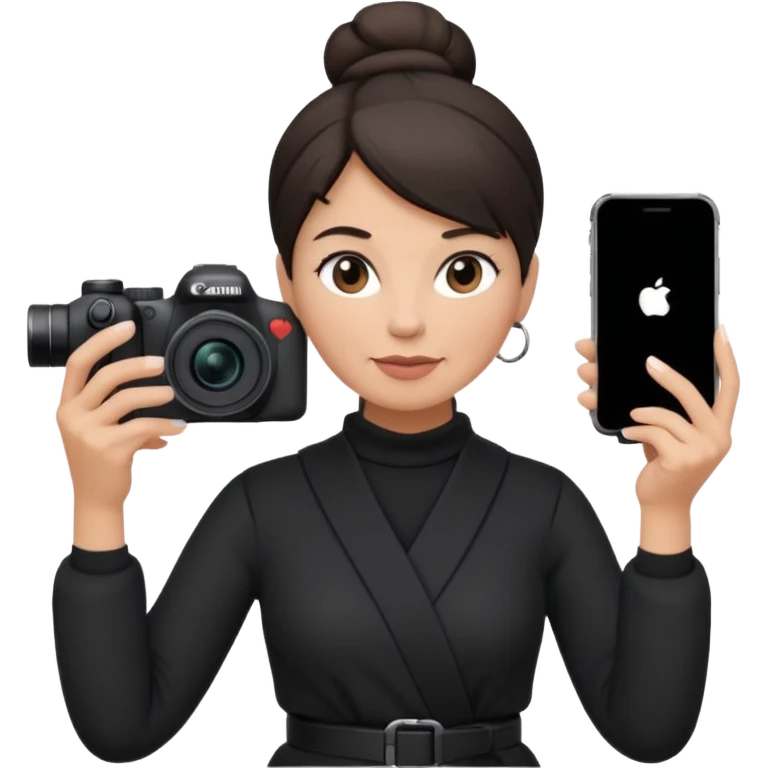 middle aged woman photographer with dark hair in a bun, wearing black clothes, carrying a canon r5 and an iPhone on a gimbal emoji