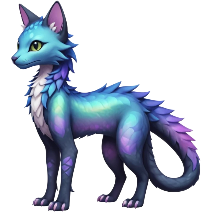 Kawaii black pastel iridescent beautiful pretty elegant divine edgy fantasy feline-vernid-sergal-fursona animal creature with a tufted tail full body with intricate markings  emoji