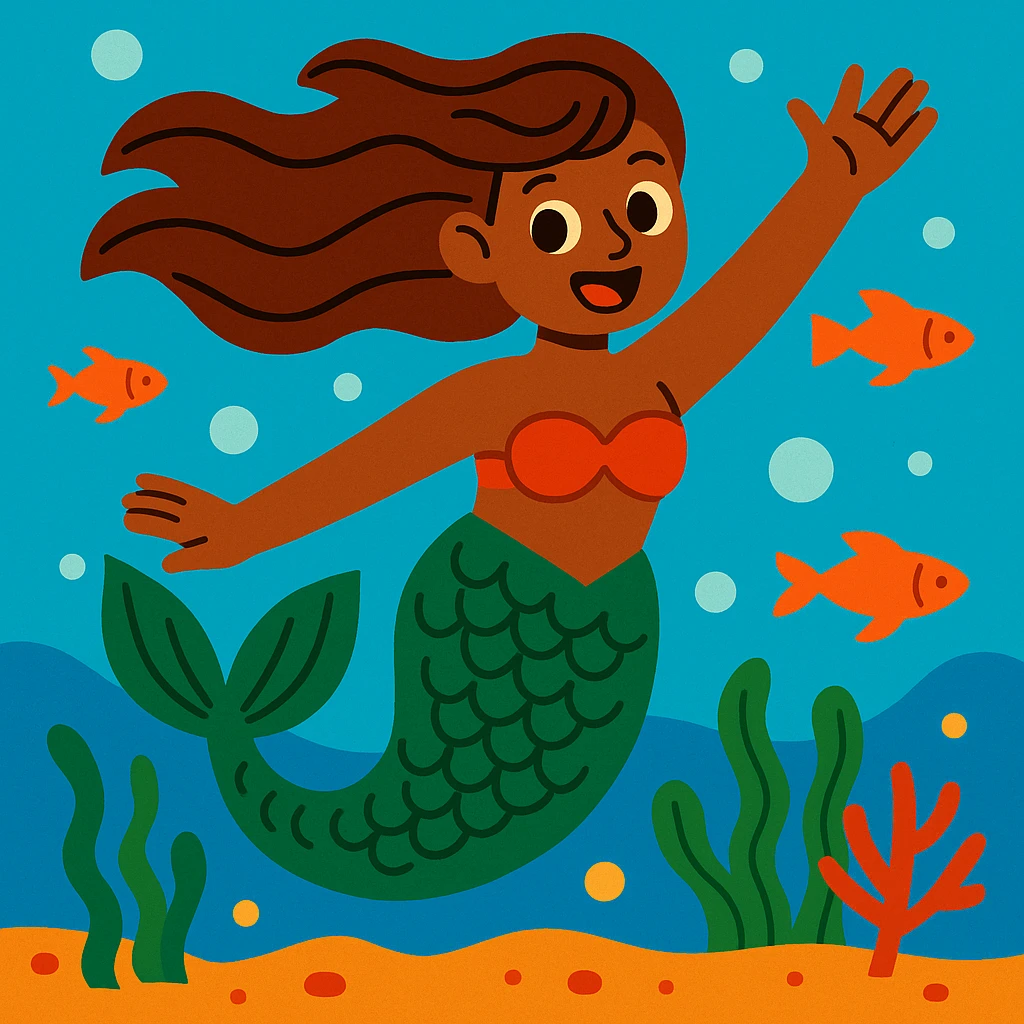 a mermaid with a forest green tail and chestnut brown hair, vibrant cartoon style, colorful, lively emoji
