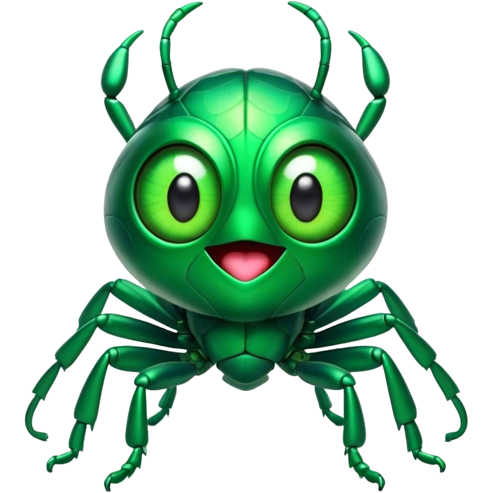 Cinematic Comical Green Bugdie Portrait Emoji, Head tilted dramatically with an exaggeratedly amused expression, featuring a striking, glossy emerald exoskeleton with bold patterns, wide, expressive multifaceted eyes filled with playful disbelief, Simplified yet hilariously expressive features, highly detailed, glowing with a slightly sassy glow, high shine, dramatic yet playful, stylized with an air of cheeky mischief, bright and endearing, soft glowing outline, capturing the essence of a spirited and over-the-top bug, so meme-worthy it feels like it could side-eye its way into internet fame instantly! emoji