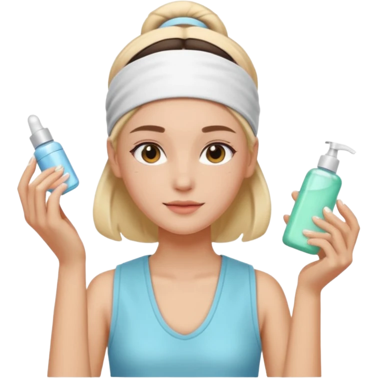 Clean girl aesthetic emoticons, apply skincare products, headband, glowing skin, vest, soft lighting
 emoji
