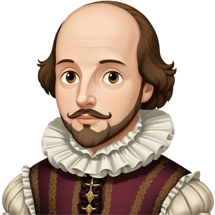 Cinematic Realistic portrait of William Shakespeare, depicted as an iconic playwright in richly detailed Elizabethan attire with a ruffled collar, expressive eyes, and a thoughtful gaze, bathed in dramatic historical lighting that evokes the Bard’s timeless legacy emoji