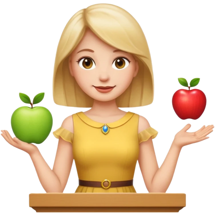 female speaker at an event standing at a clear podium, confident expression, apple style emoji emoji