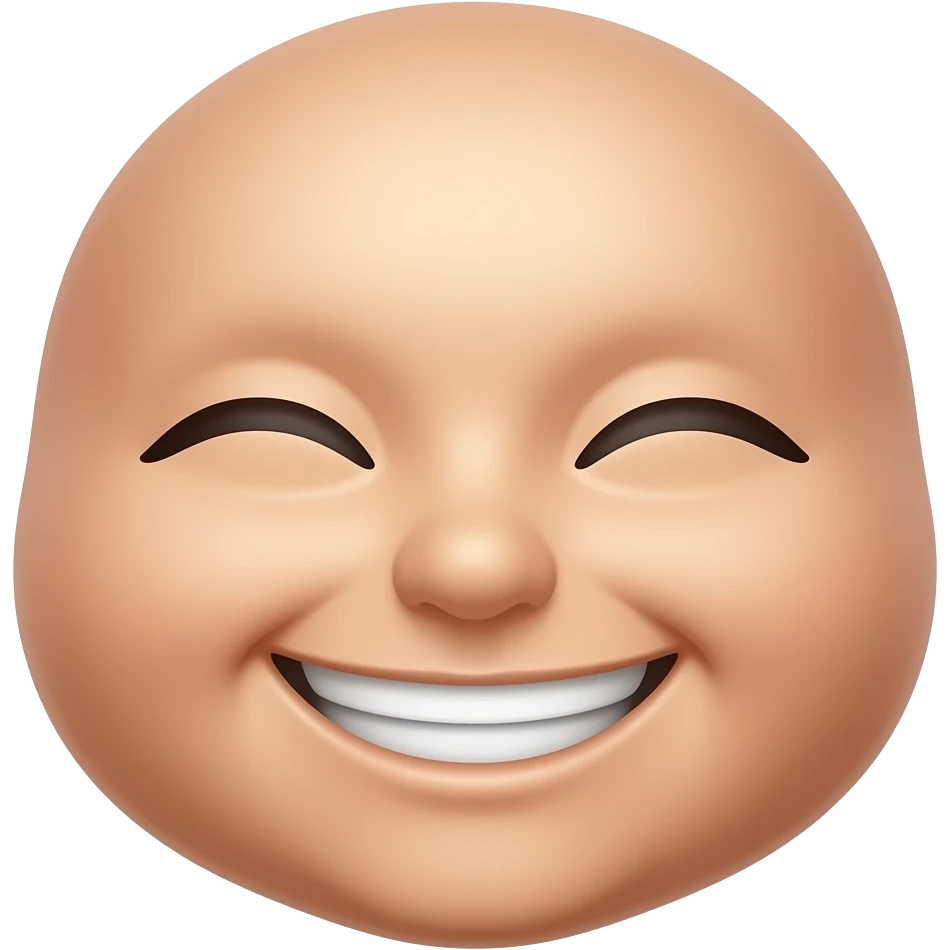 Close-up of a smiling face with a wide toothy grin, slightly squinted eyes, warm joyful expression, soft lighting, cinematic portrait emoji