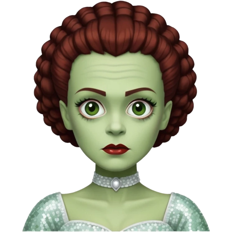 Bride of Frankenstein from Universal Monsters with pale greenish skin, dark auburn hair, white sequin outfit  emoji