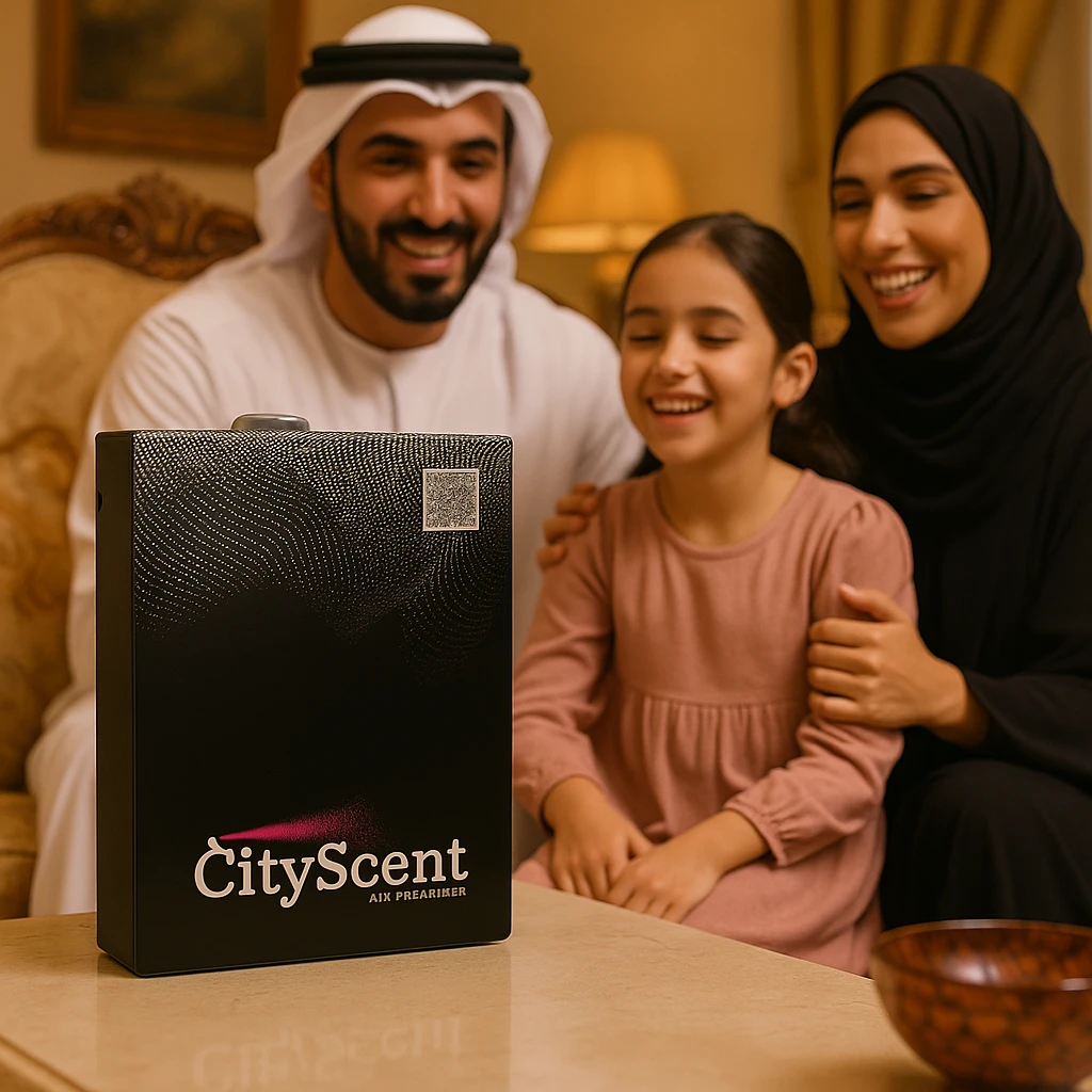 Create a vertical (portrait, 9:16 aspect ratio) Instagram Story–style image placing the CityScent air freshener machine on a table in a luxury living room. Show a family in Arabic dress gathered around, smiling and enjoying the scent. The style is realistic, elegant, and optimized for mobile viewing. emoji