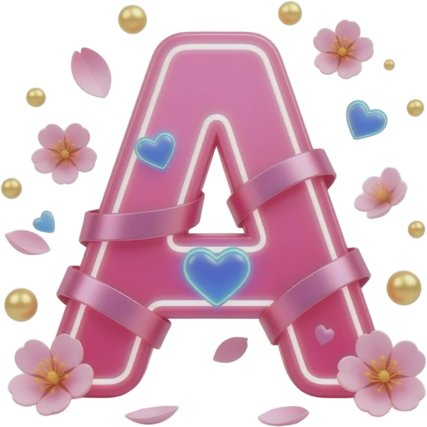 A sleek, hot pink glowing letter 'A' adorned with satin ribbons and glowing neon-blue hearts. Surrounded by floating cherry blossom petals and golden bokeh. Vibrant, modern, and feminine with a cinematic glow emoji