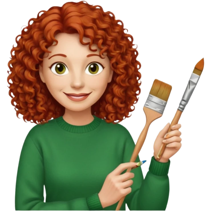 FEMME FRISÉ 60 ANS CHEVEUX ROUX FRISÉ SEMI LONG SOURIANTE AVEC CHANDAIL VERT YEUX BRUN ET UN PINCEAU À LA MAIN LA MAIN AVEC 5 DOIGT SEULEMENT  emoji
